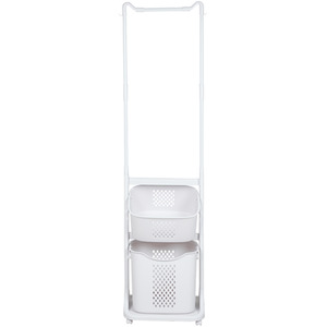 2 Tier Plastic Laundry Baskets with Hanging Rack and Wheels - White by lifeideas