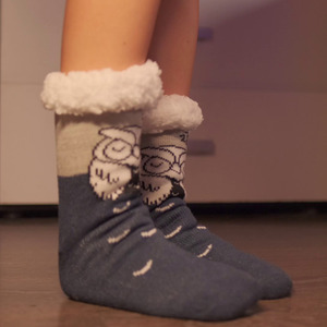 Super Cute Fluffy Wooly Slipper Socks with Grips - Blue / Owl by Ultra