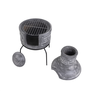 Leaf Motif Clay Chiminea BBQ Grill Leaf Design Rain Lid - Grey by Charles Bentley