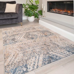 Beige Multicolour Distressed Diamond Living Area Rug by The Rug House