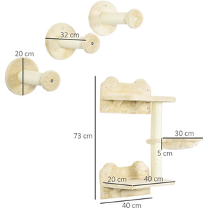 PawHut Cat Shelf with Wall-Mounted Scratching Post - Brown by PawHut