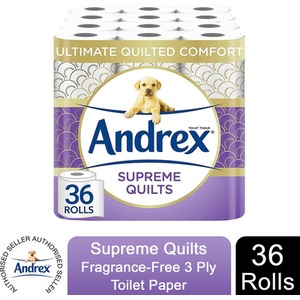 Andrex Supreme Quilts Toilet Rolls Fragrance-Free 3 Ply and Super Soft - 36 Rolls / x36 by Andrex
