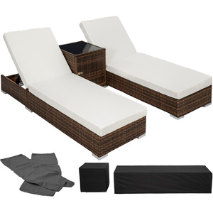 2 Rattan Sunloungers with Table and Protective Cover - Brown by tectake