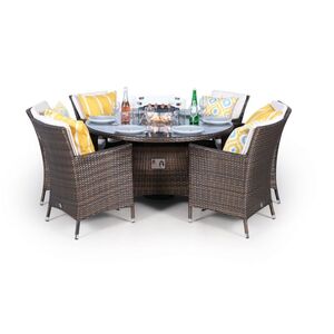 Savannah Fire Pit Round Rattan Patio Dining Set - Brown / 6 by Giardino