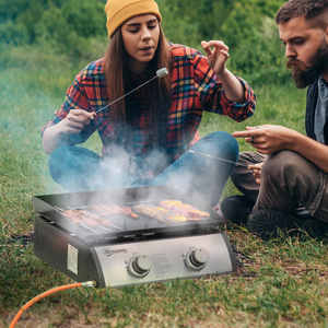 Outsunny Portable Gas BBQ Plancha Grill with 2 Burners for Camping Picnic - Silver by Outsunny