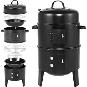 Black Barbecue BBQ Smoker Grill with Thermometer - Black