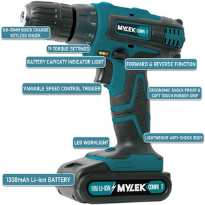 Cordless LED Drill with MYLEK 4ORCE Accessory Kit - Blue Black / 204Pc by Mylek