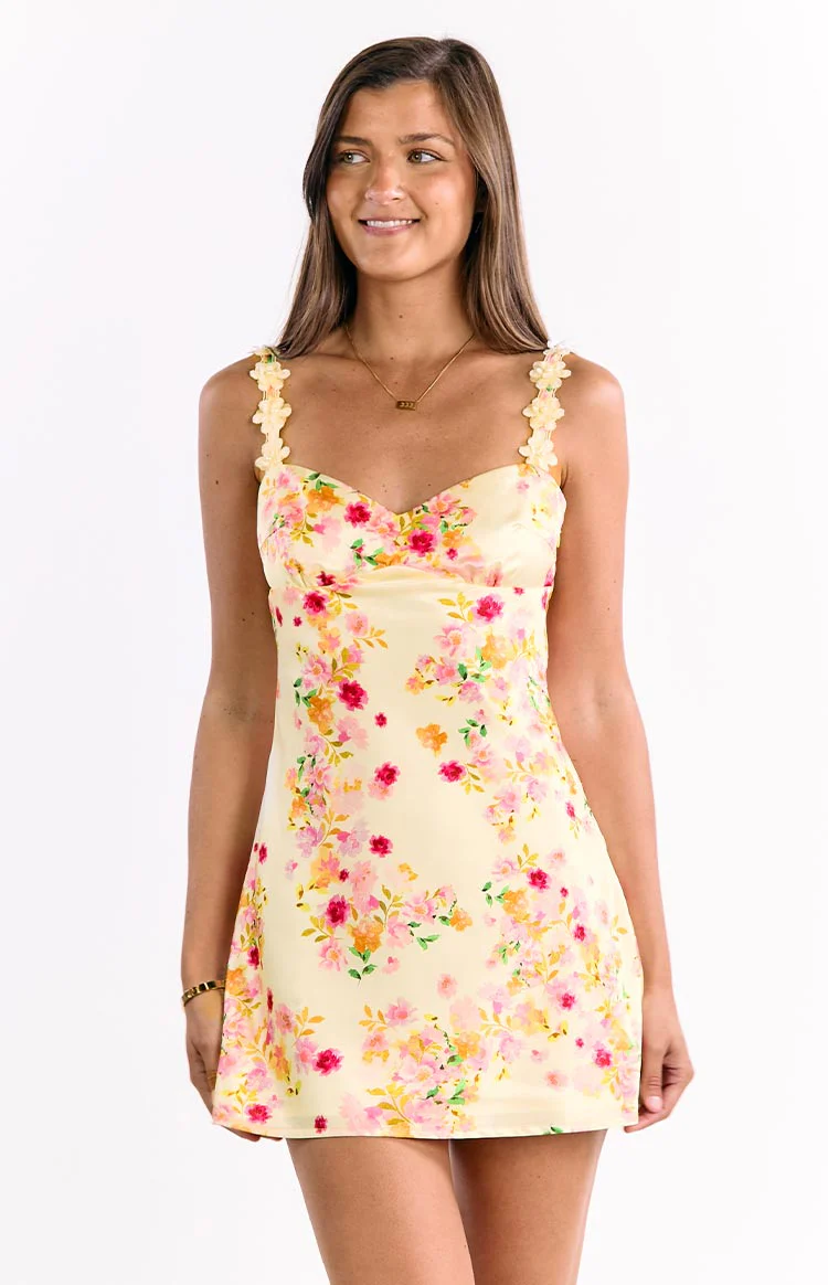 Marbelle Yellow Bloom Satin Mini Dress