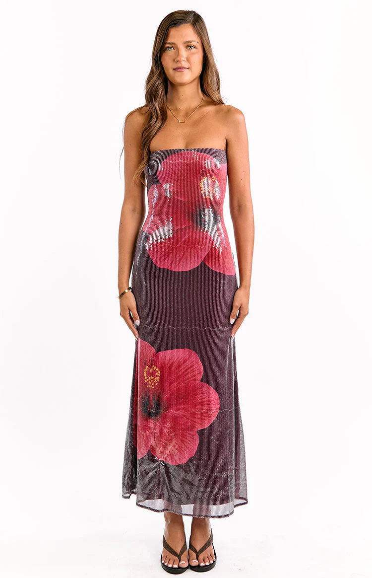 Arizona Hibiscus Wine Sequin Maxi Dress