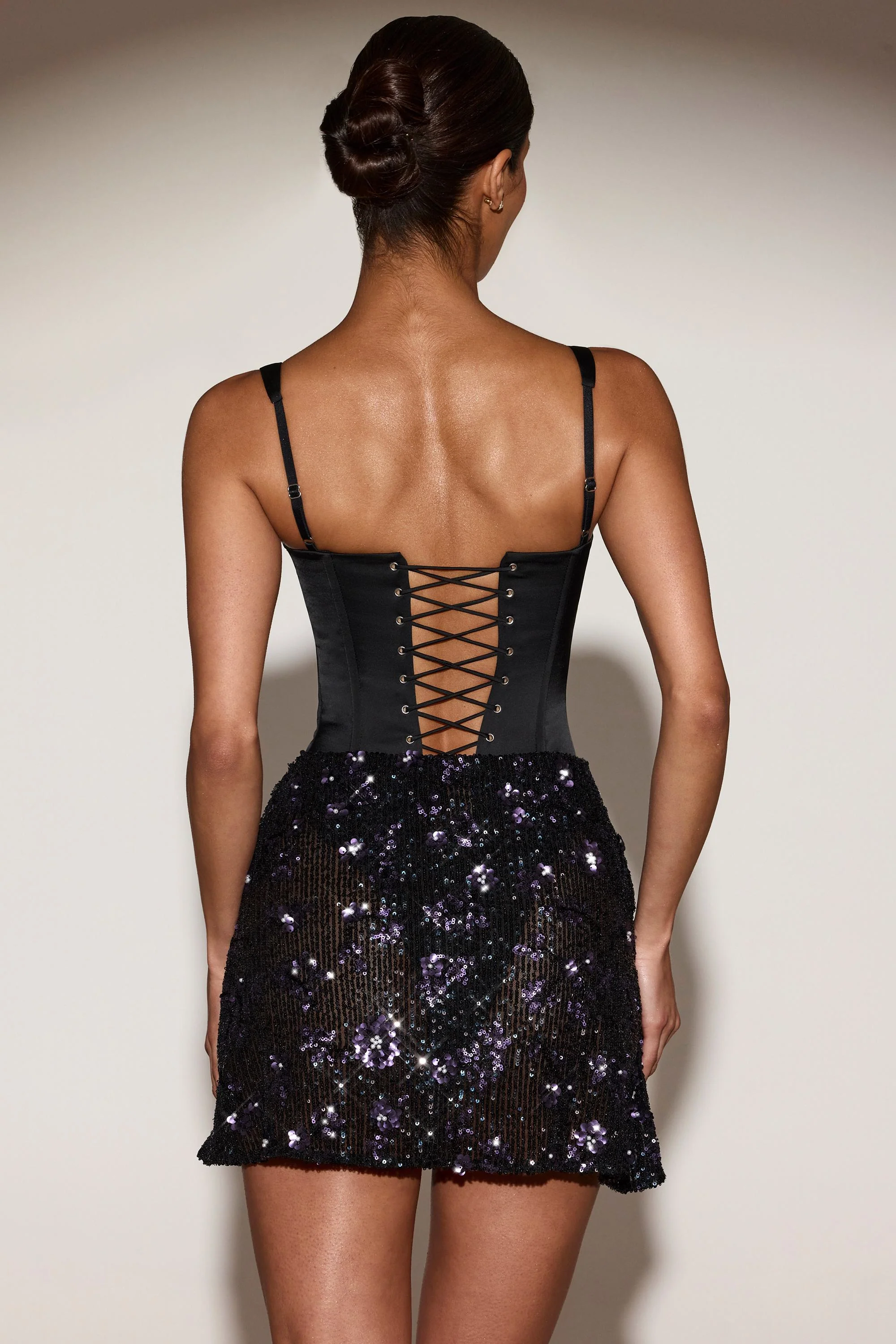 Embellished Draped Skirt Mini Dress in Black Purple