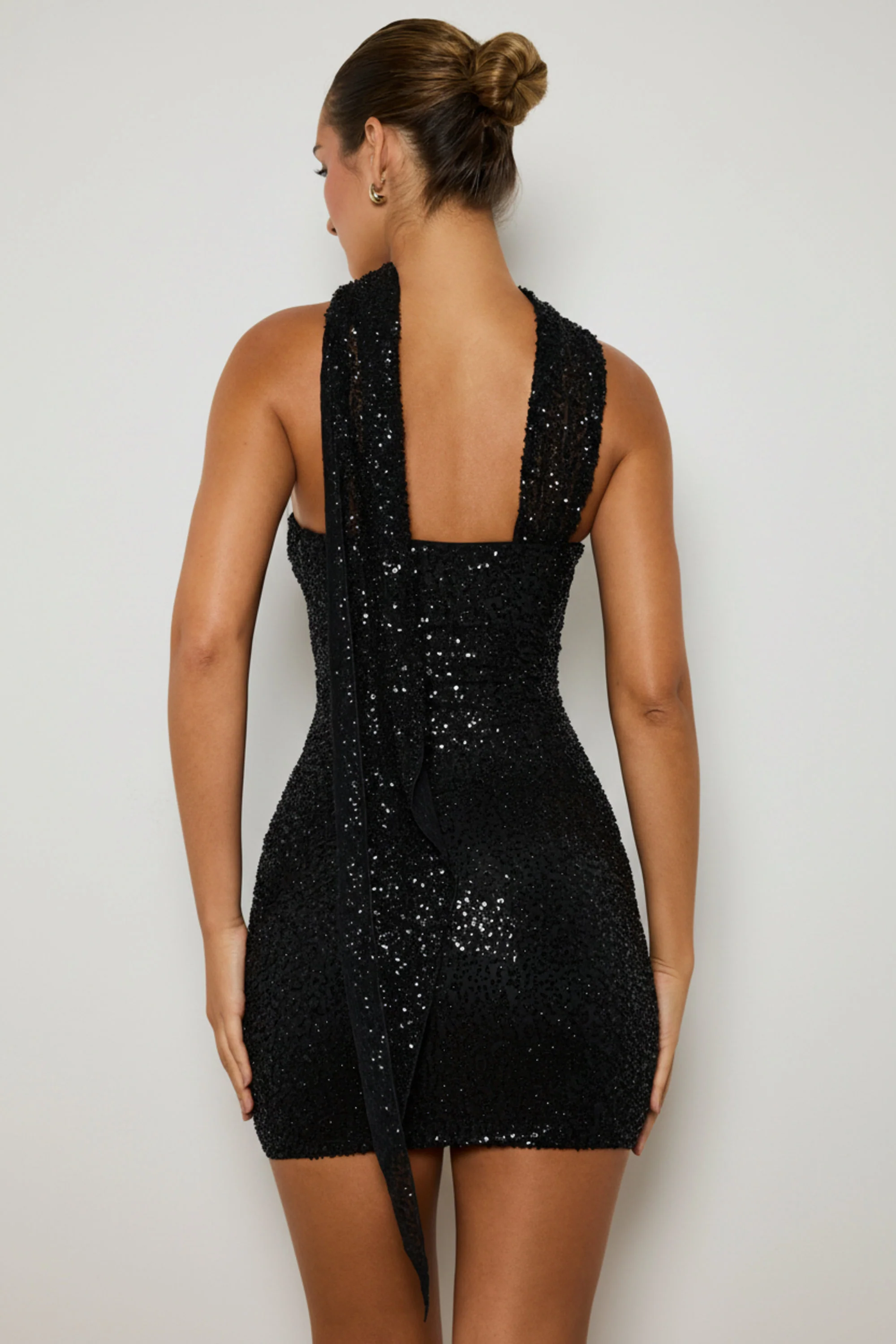 Embellished Scarf-Detail Mini Dress in Black