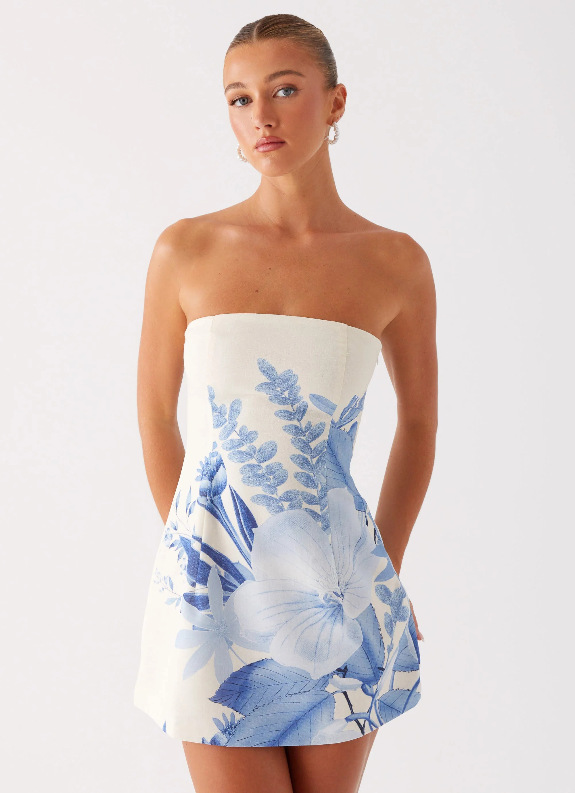 Denby Strapless Mini Dress - Blue Floral Print