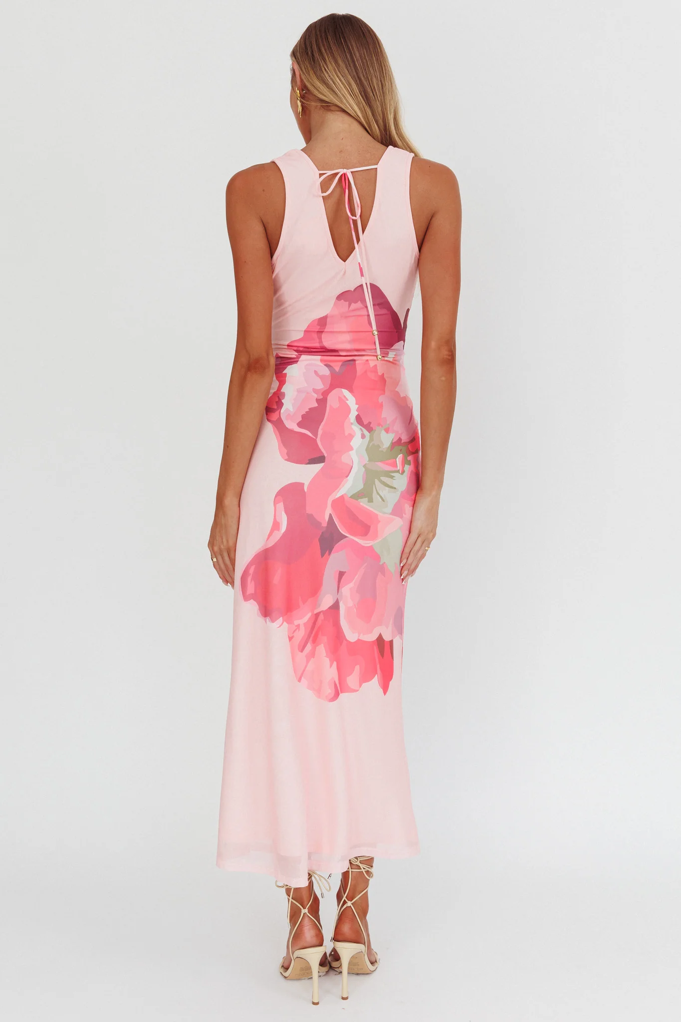 Cinders Tied Plunging Neckline Maxi Dress Flower Pink