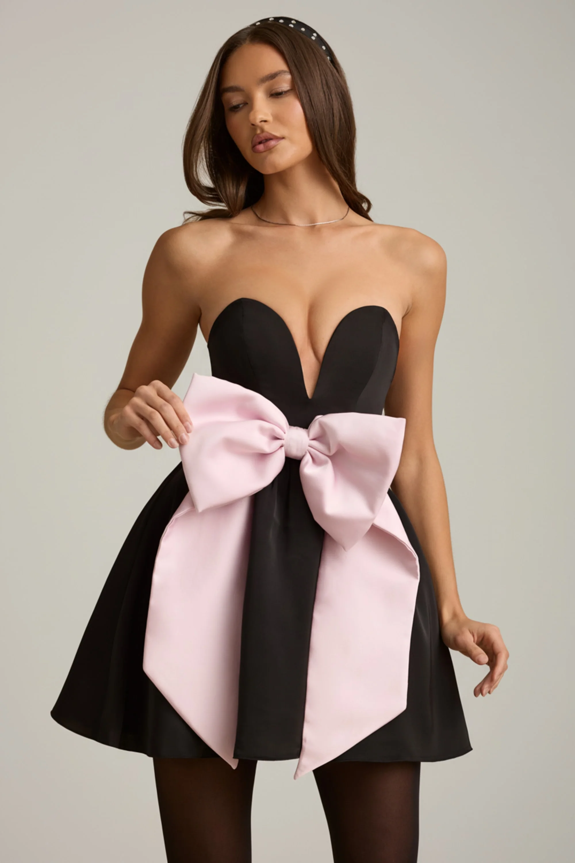 Bow-Detail Corset Mini Dress in Black