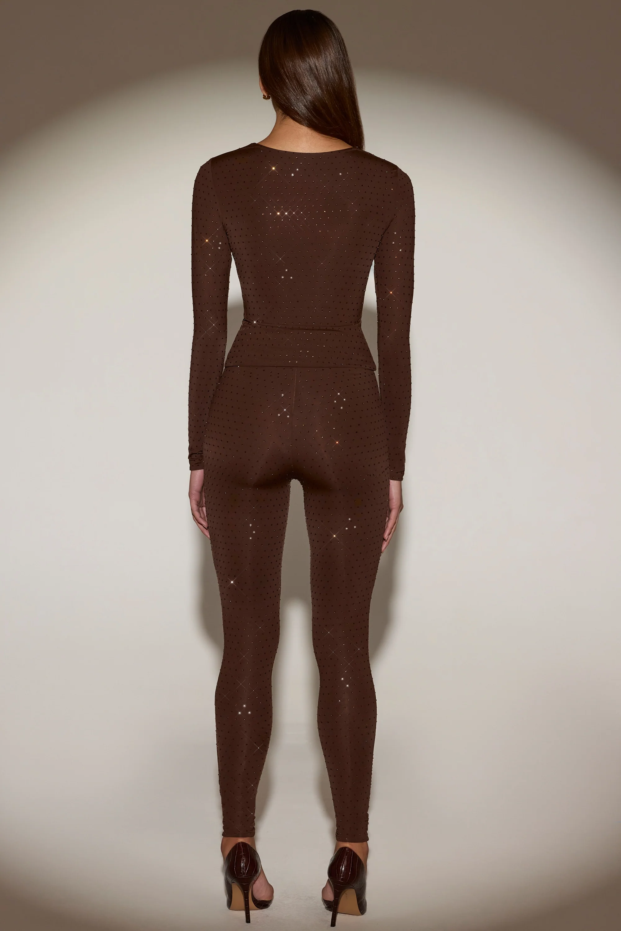 Embellished High-Waisted Leggings in Chocolate Brown