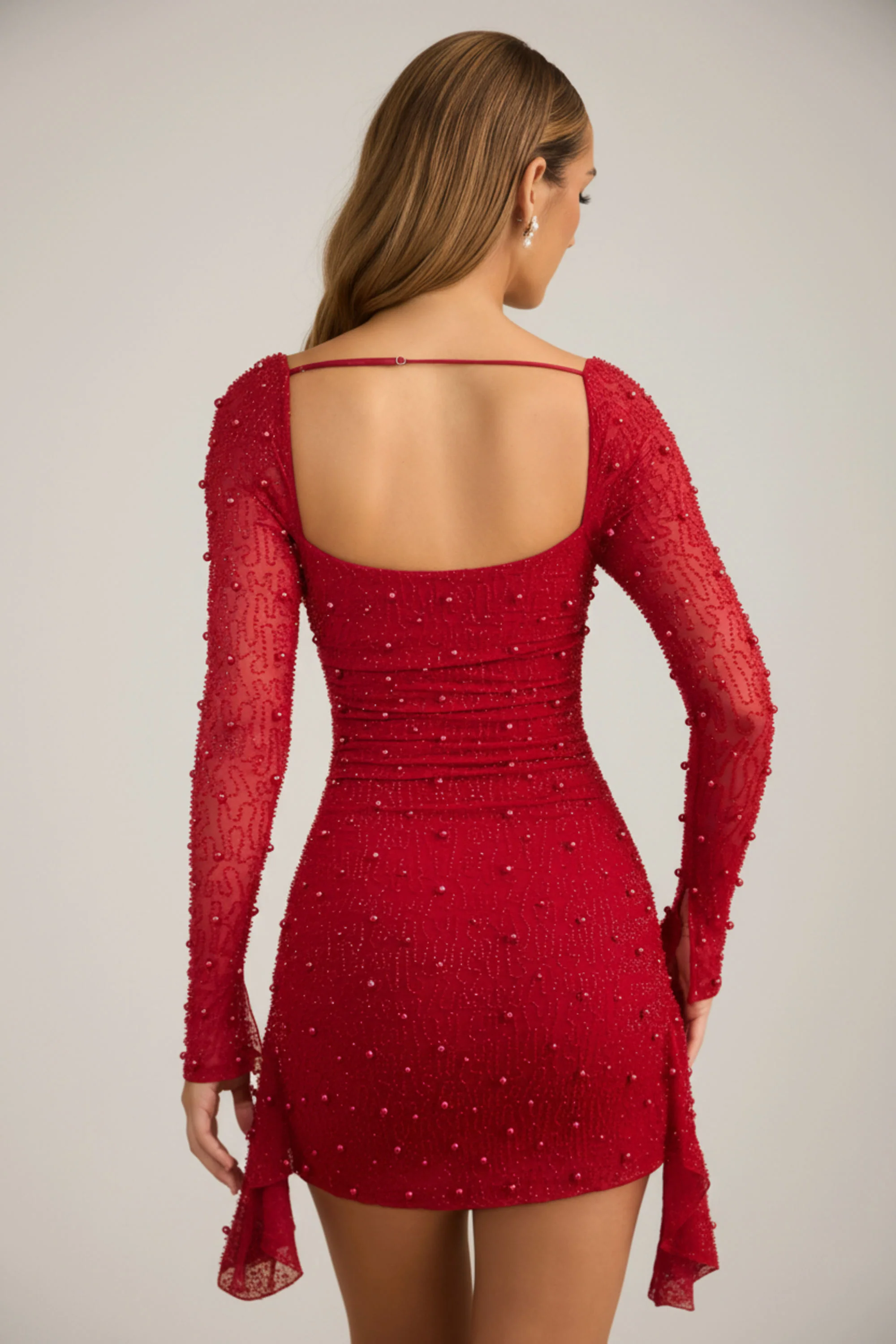 Embellished Cowl-Neck Draped Mini Dress in True Red