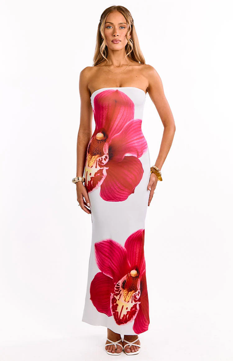 Arizona White Orchid Print Maxi Dress