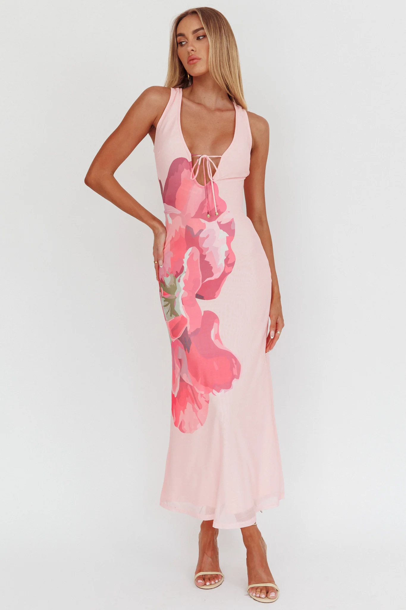 Cinders Tied Plunging Neckline Maxi Dress Flower Pink