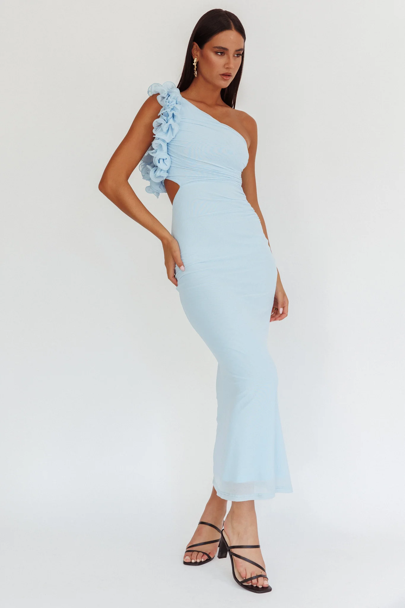 Deanna One-Shoulder Ruffle Maxi Dress Light Blue