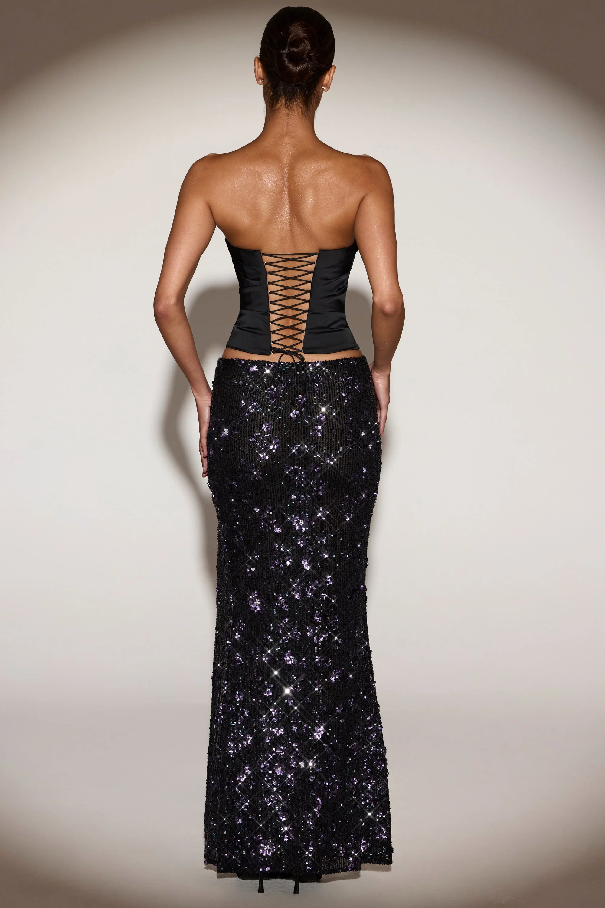 Embellished Mid-Rise Maxi Skirt in Black Purple