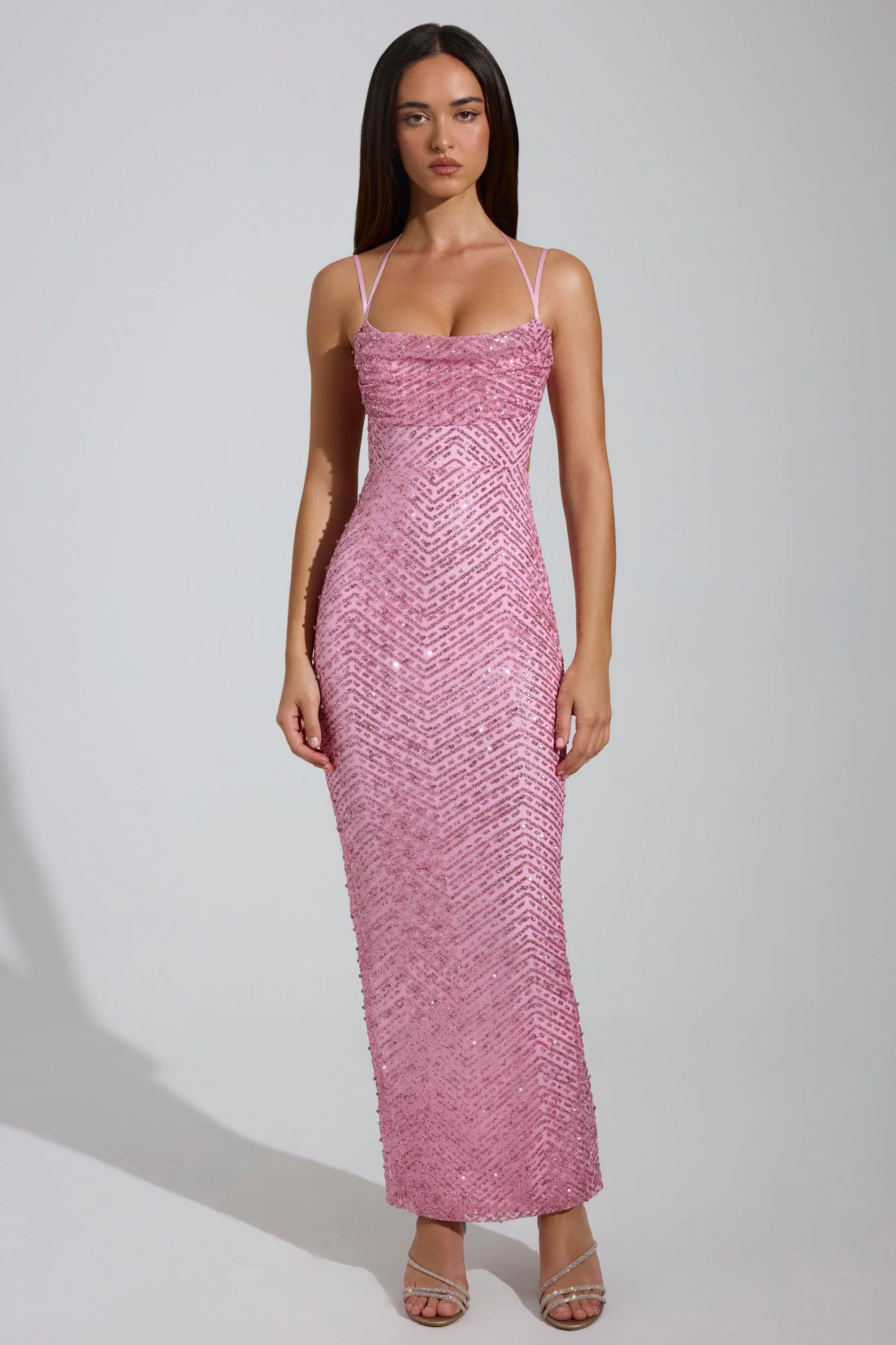 Embellished Cowl-Neck Maxi Dress in Pink