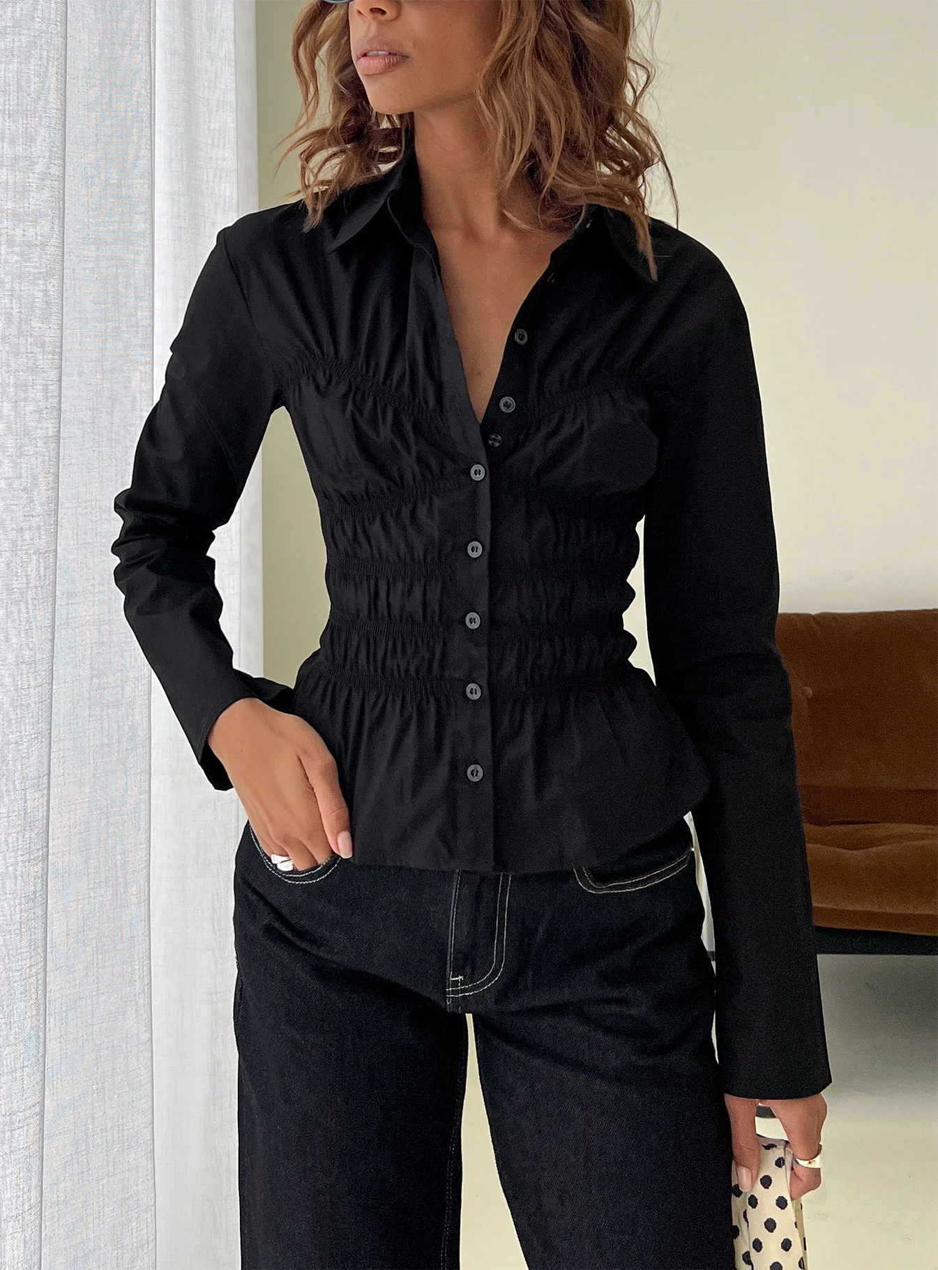 Liesel Shirred Long Sleeve Top Black