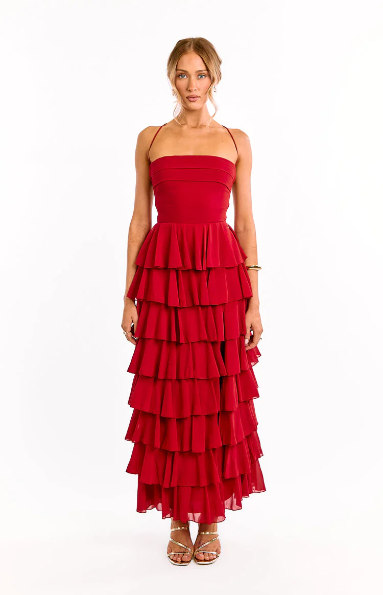 Kim Red Strapless Ruffle Maxi Dress