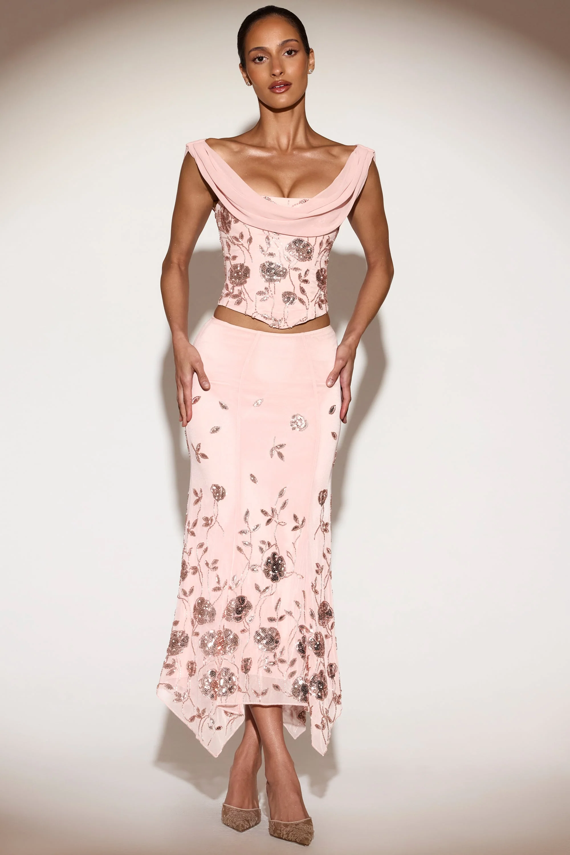 Embellished Hanky Hem Midaxi Skirt in Pink