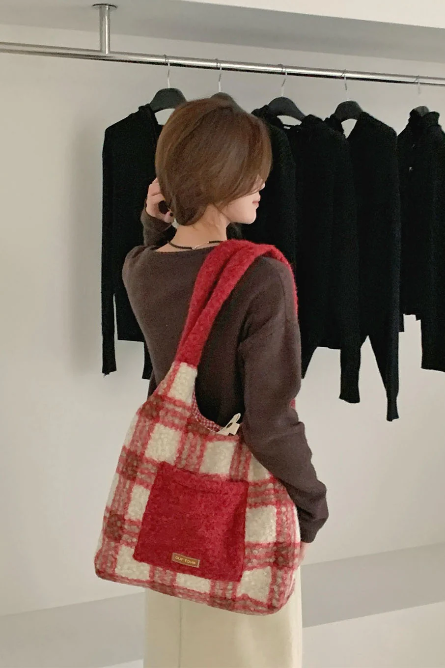 Christmas Red Plaid Faux Fur Panel Tote Shoulder Bag