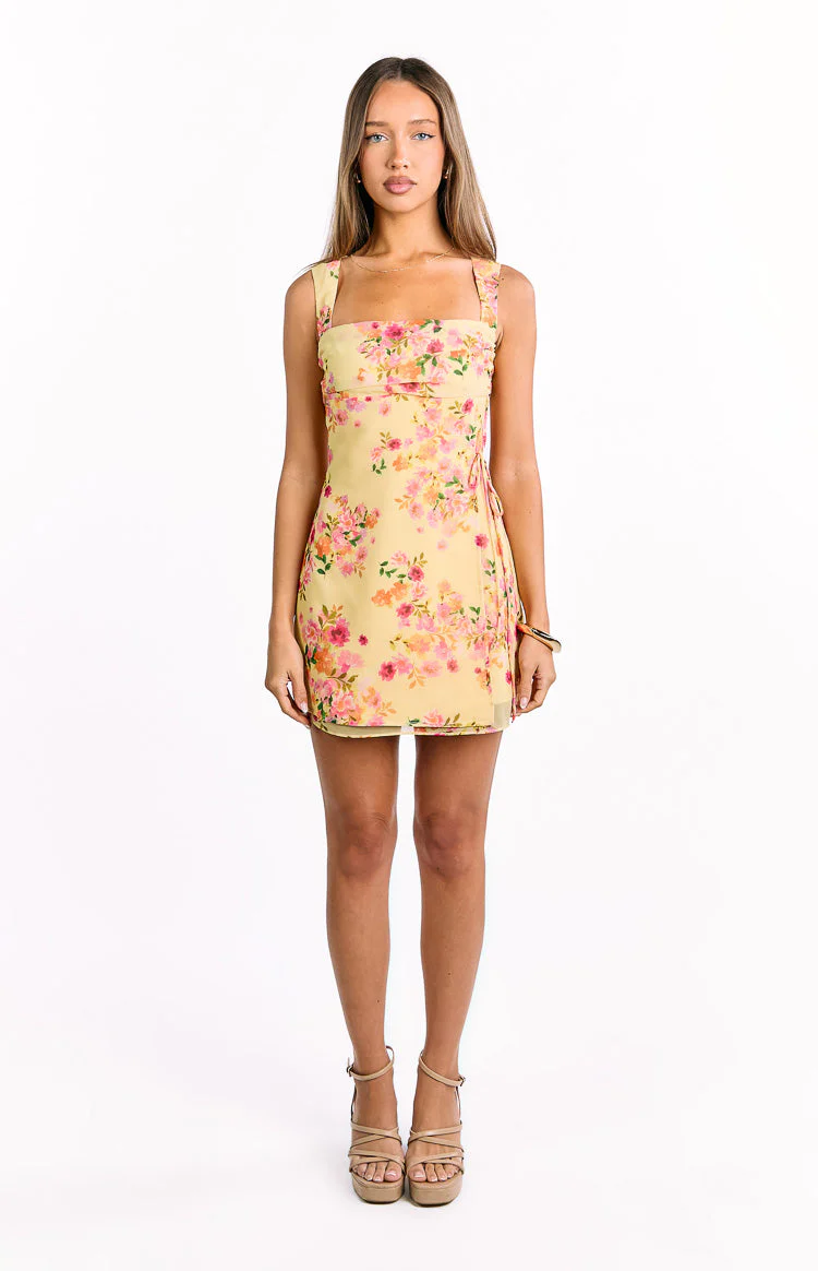 Aveta Yellow Bloom Tie Mini Dress