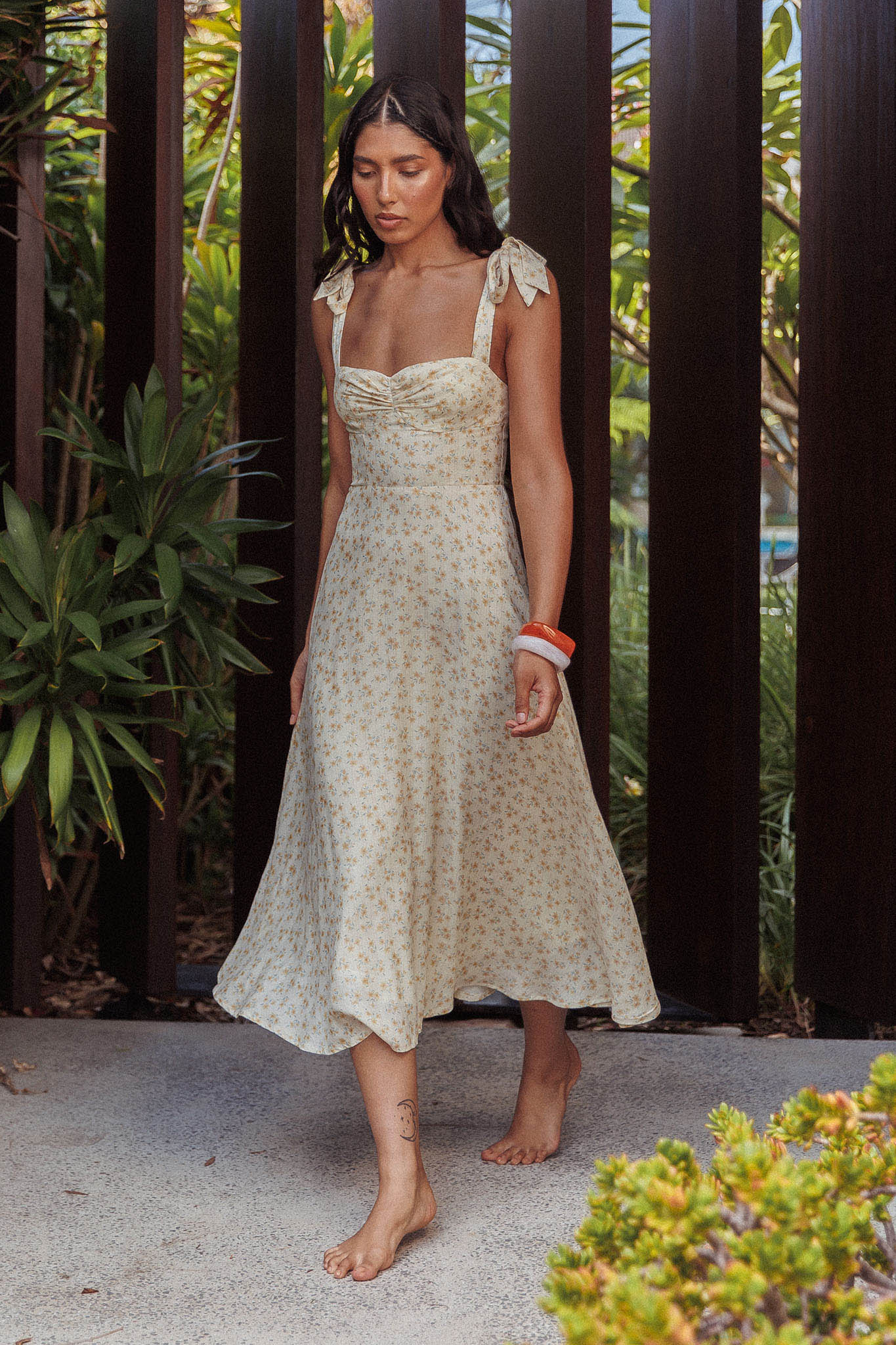 Sweet Pea Floral Tied Straps Midi Dress Yellow