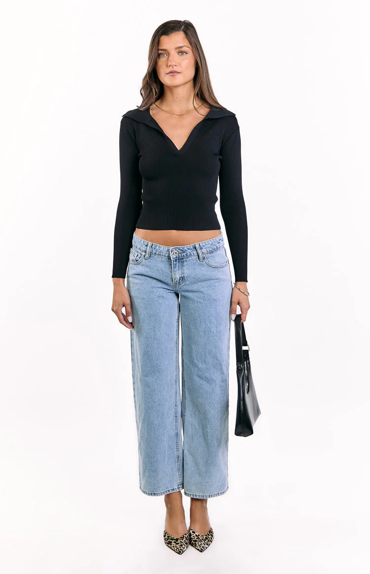 Nina Black Ribbed Knit Long Sleeve Sweater