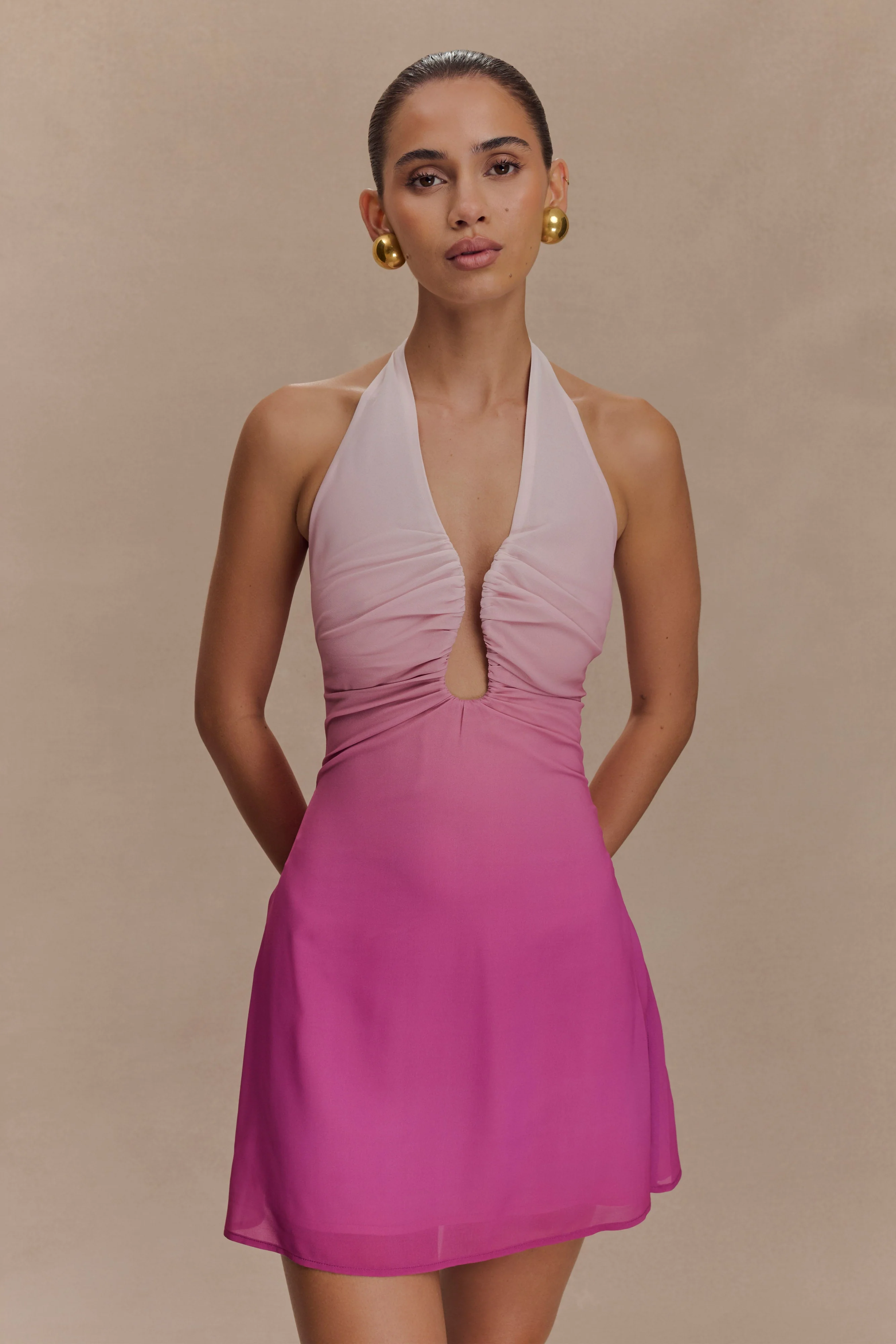 Malakhai Chiffon Halter Mini Dress - Ombre Pink