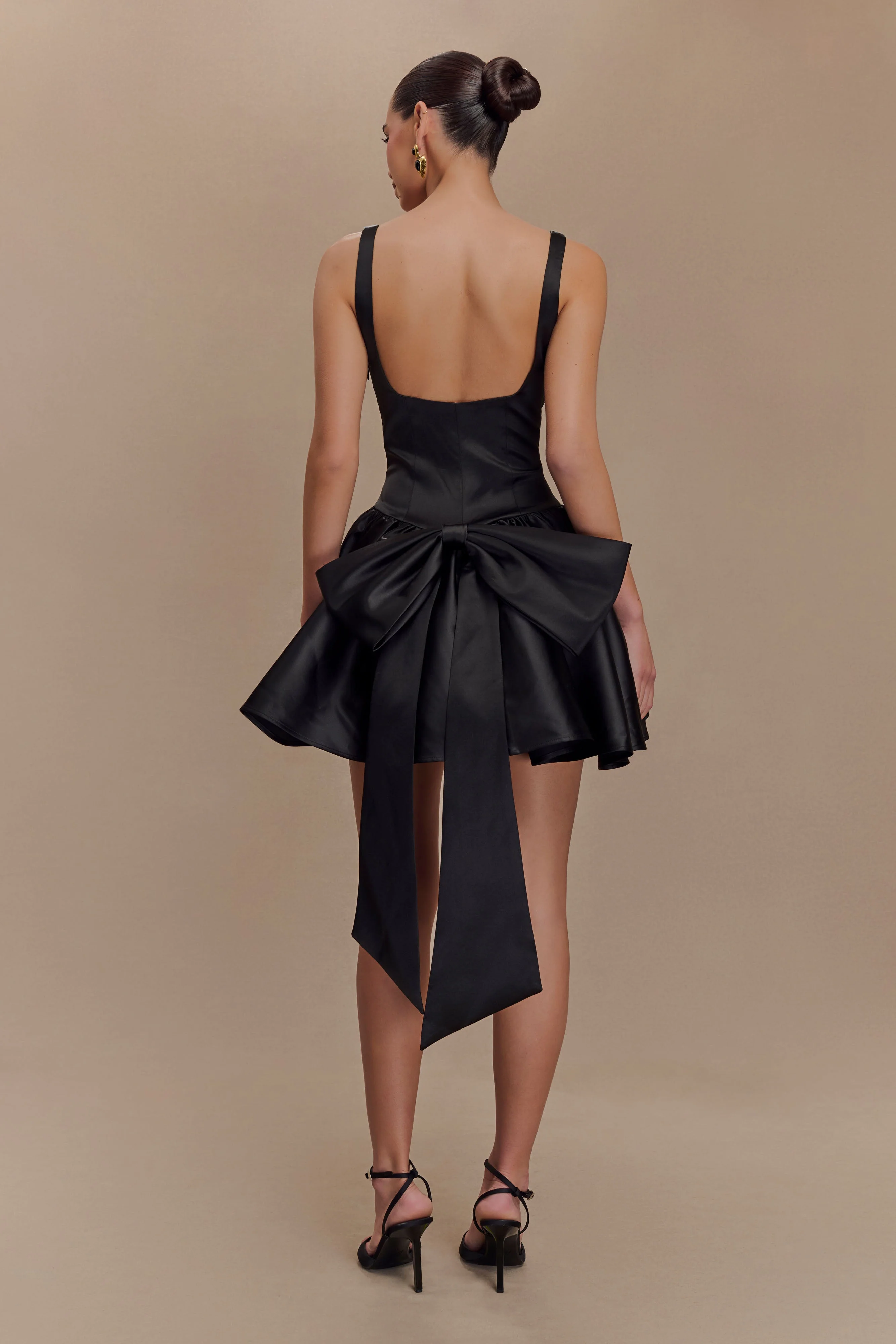 Felicia Satin Mini Dress With Bow - Black