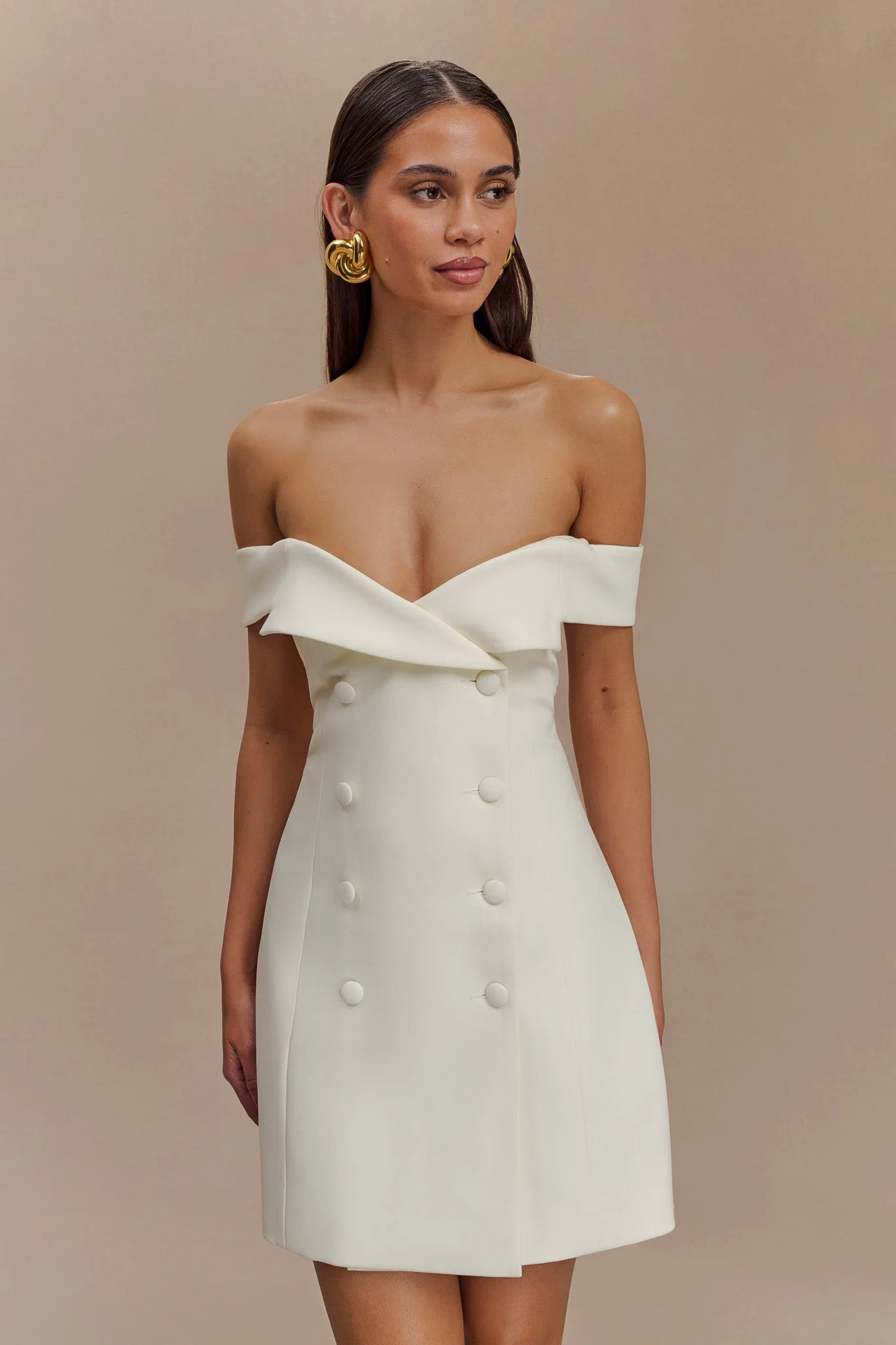 Noelle Off Shoulder Suiting Mini Dress - Ivory