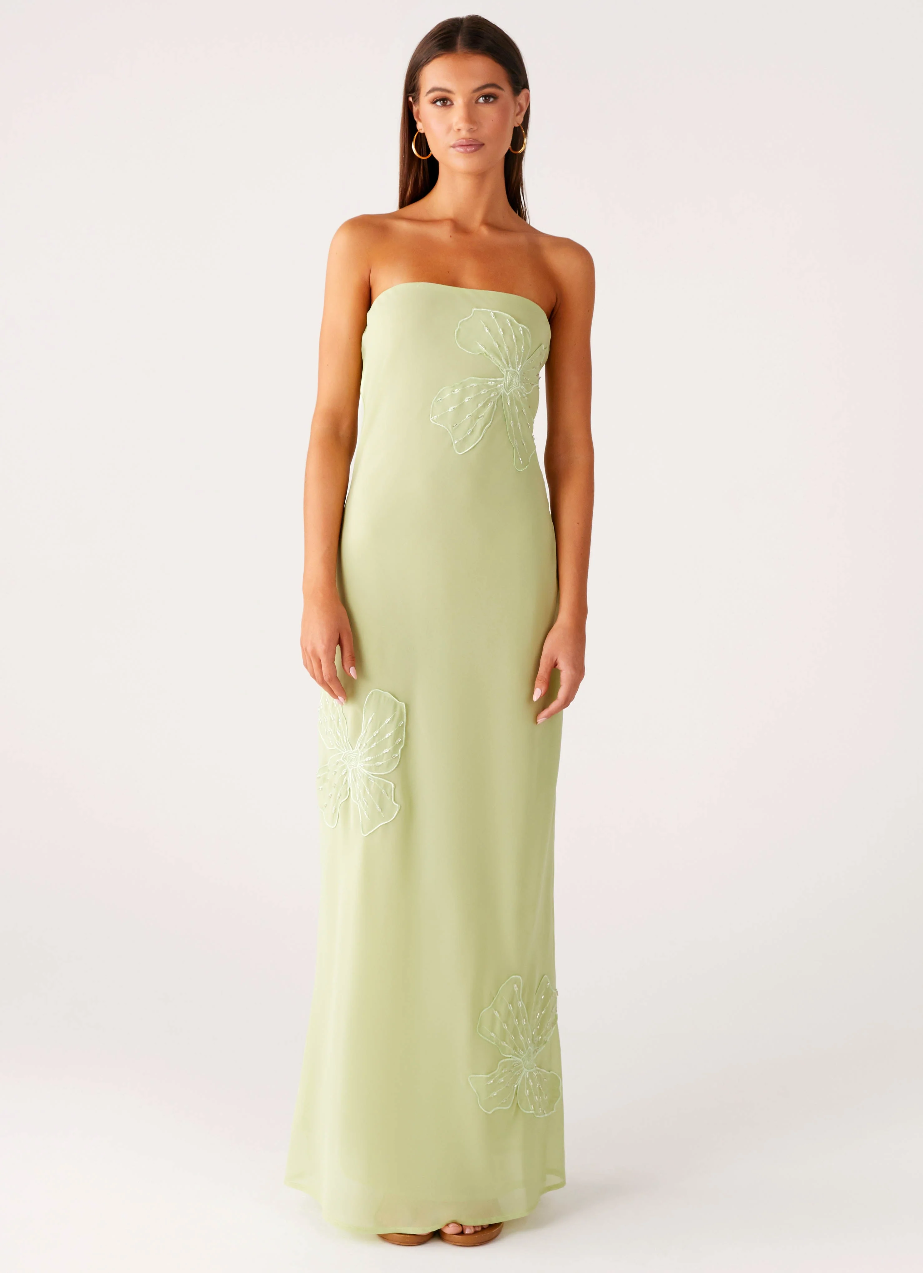 Sassafras Beaded Flower Strapless Maxi Dress - Lime