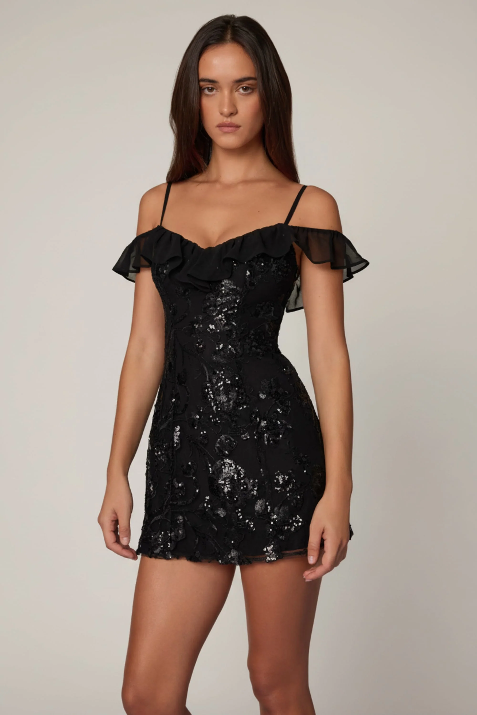 Embellished Lace-Up A-Line Mini Dress in Black