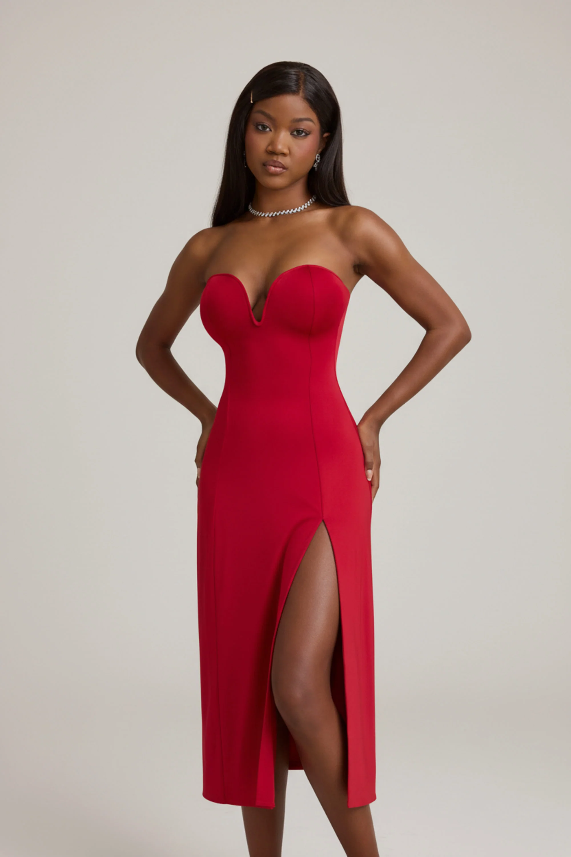 Slinky Jersey Strapless A-Line Midaxi Dress in True Red