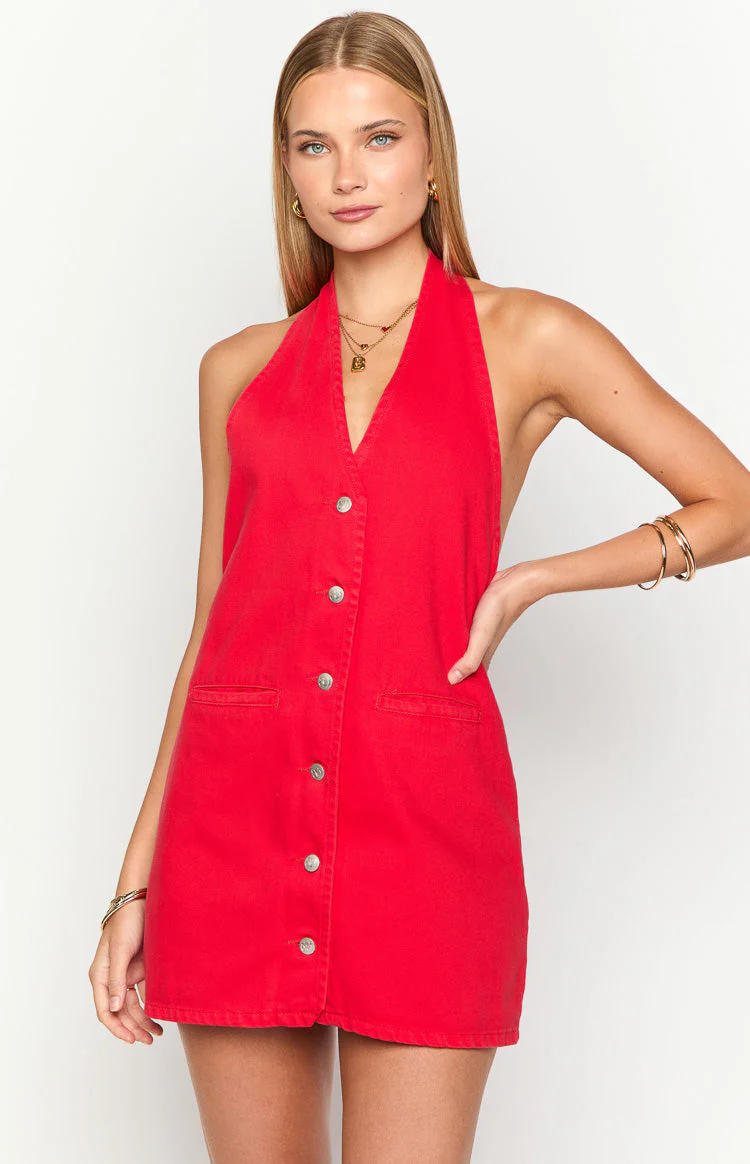 Corbin Red Denim Halter Neck Mini Dress