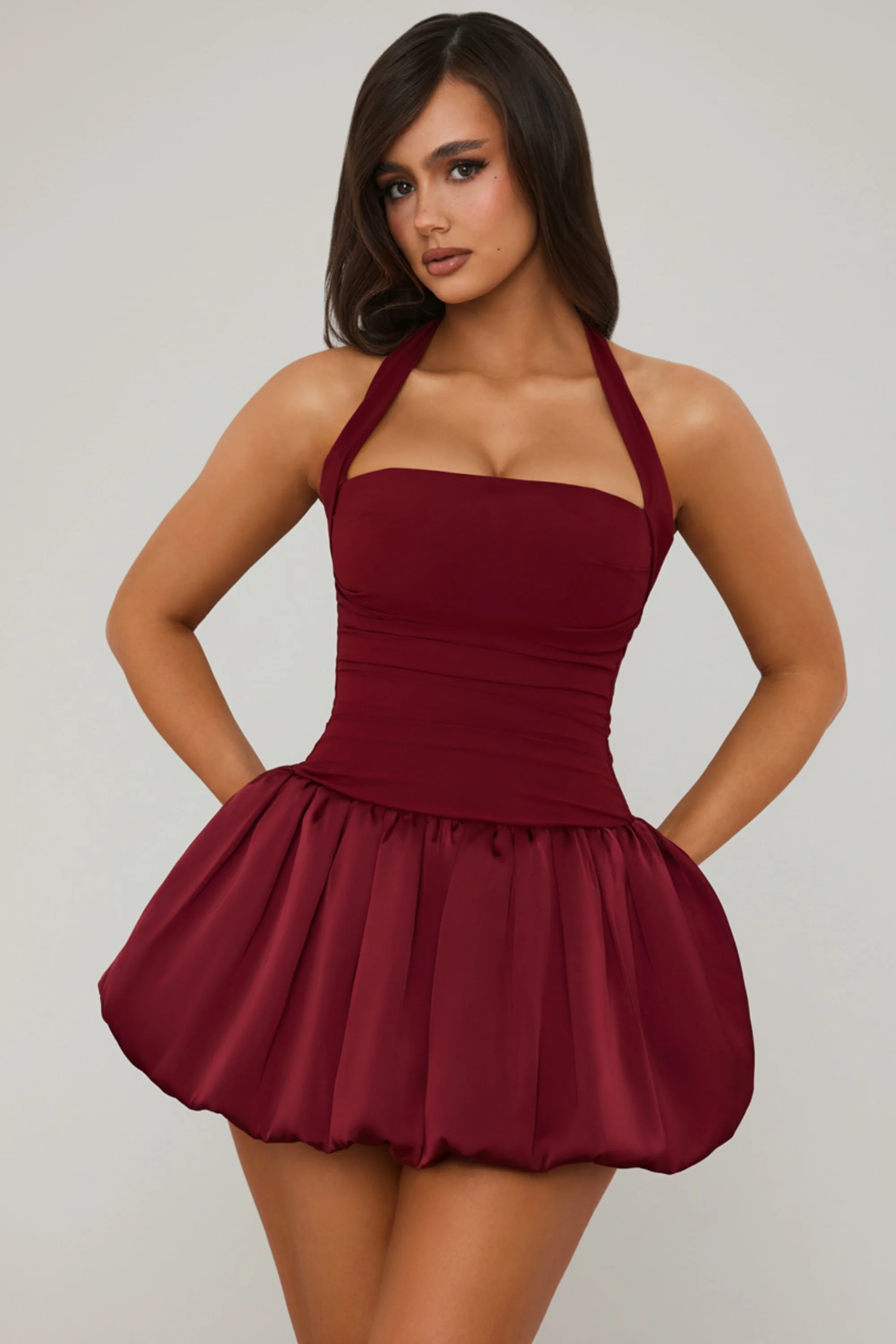 Halterneck Lace-Up Bubble Hem Corset Micro Mini Dress in Berry Red