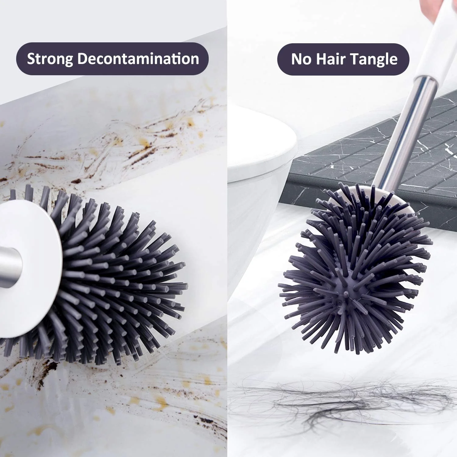 BOOMJOY Toilet Brush and Holder Set, Silicone Bristles Bathroom Cleaning Bowl Brush Kit with Tweezers, Bathroom Accessories with Aluminum Handle - White