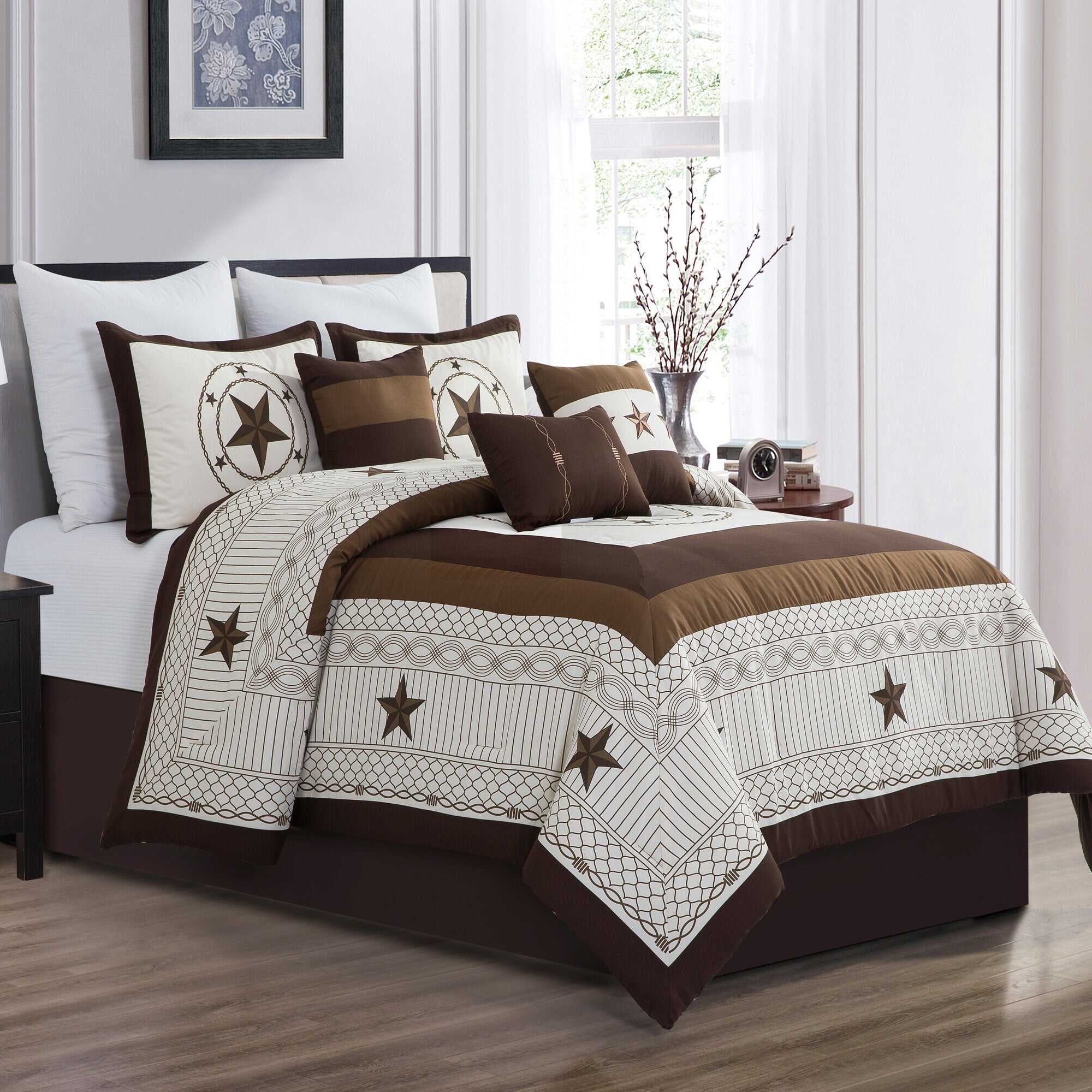 7 Piece Luxurious Star Stripe Print Patchwork Comforters Bed in a Bag Queen King Bedding Set