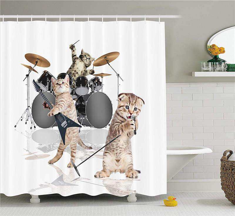 Cool Fancy Hard Cute Rocker Band of Kittens with Singer Guitarist Cats Print Fabric Bathroom Decor Set White Beige
