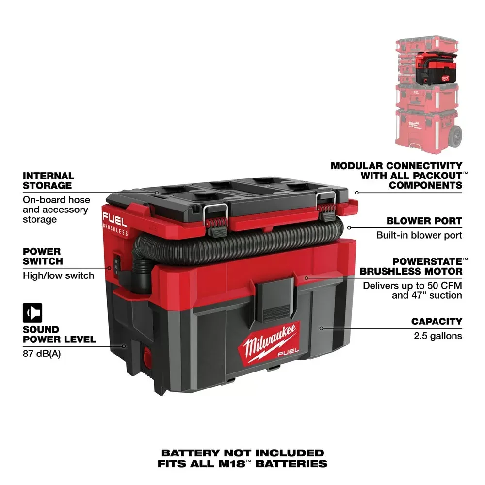Milwaukee Pre-Sale 0970-20 M18 FUEL PACKOUT 2.5 Gallon Cordless Wet/Dry Vacuum -Bare Tool