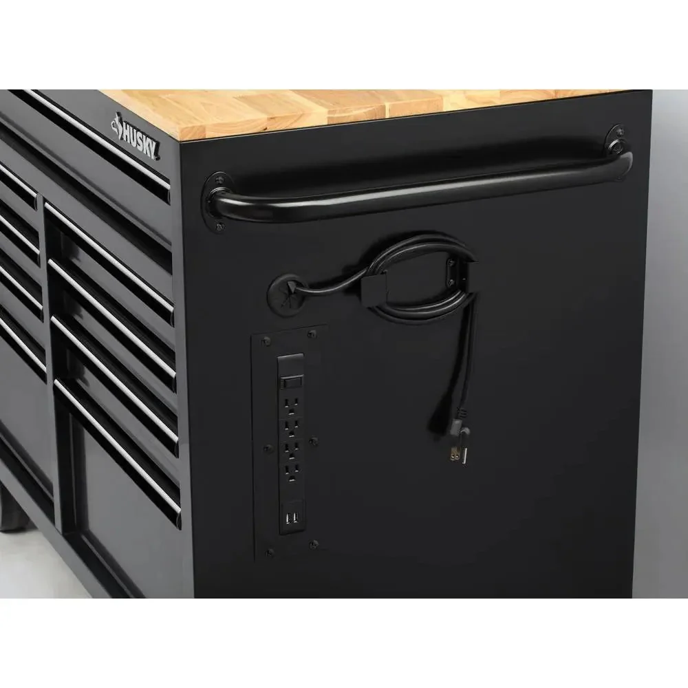 46 in. W x 24.5 in. D 9-Drawer Gloss Black Deep Tool Chest Mobile Workbench with Hardwood Top and Power Stations