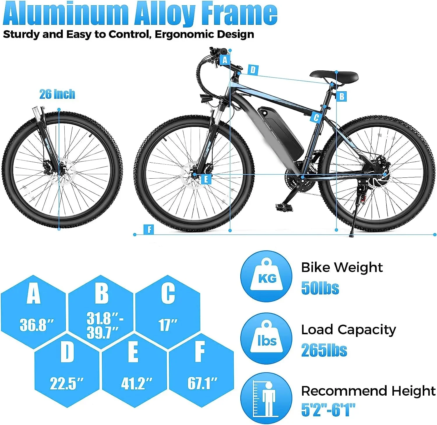 Electric Bike Electric Mountain Bike 500W 26'' Commuter Ebike, 20MPH Adults Electric Bicycle with Removable 48V/374.4Wh Battery, LCD-Display and Professional 21 Speed Gears