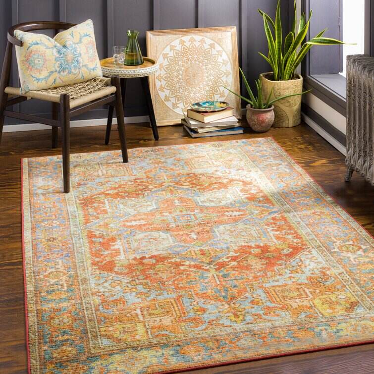 Emmie Machine Washable Oriental Brick Red/Dusty Coral Area Rug