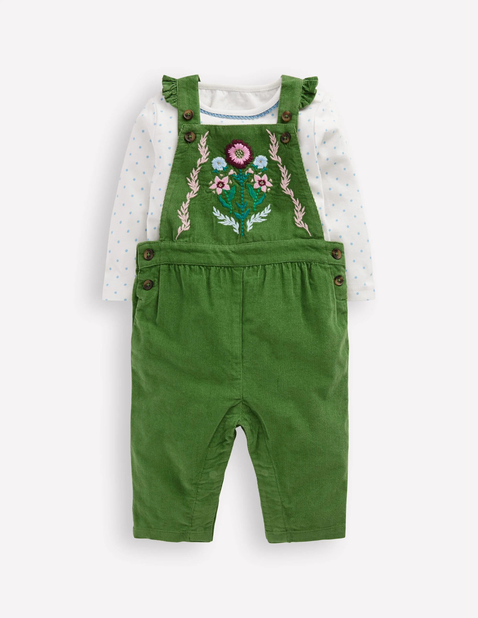 Woven Overalls Set-Broccoli Green Embroidered