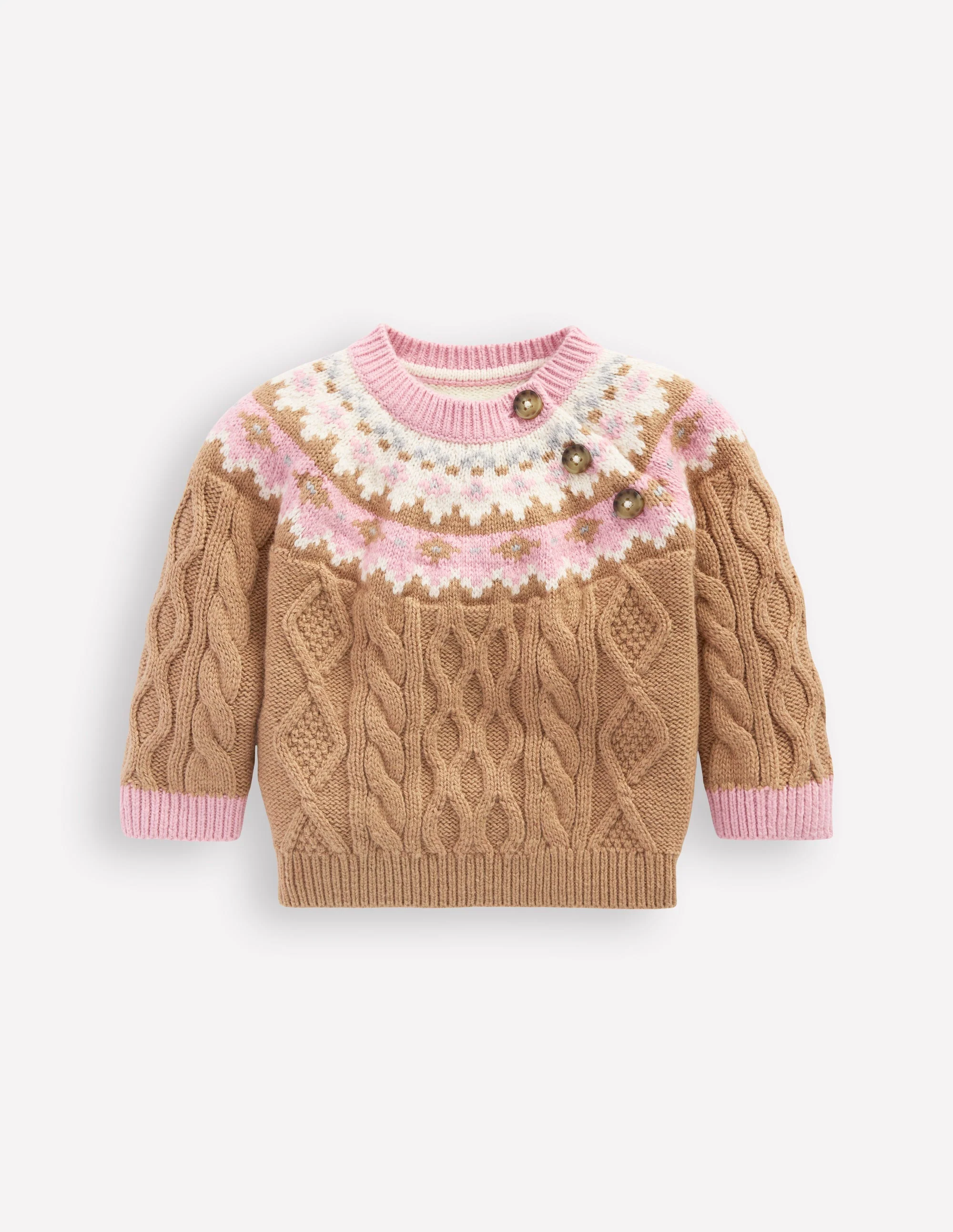 Girls Fair Isle Cable Sweater-Camel Melange Fair Isle