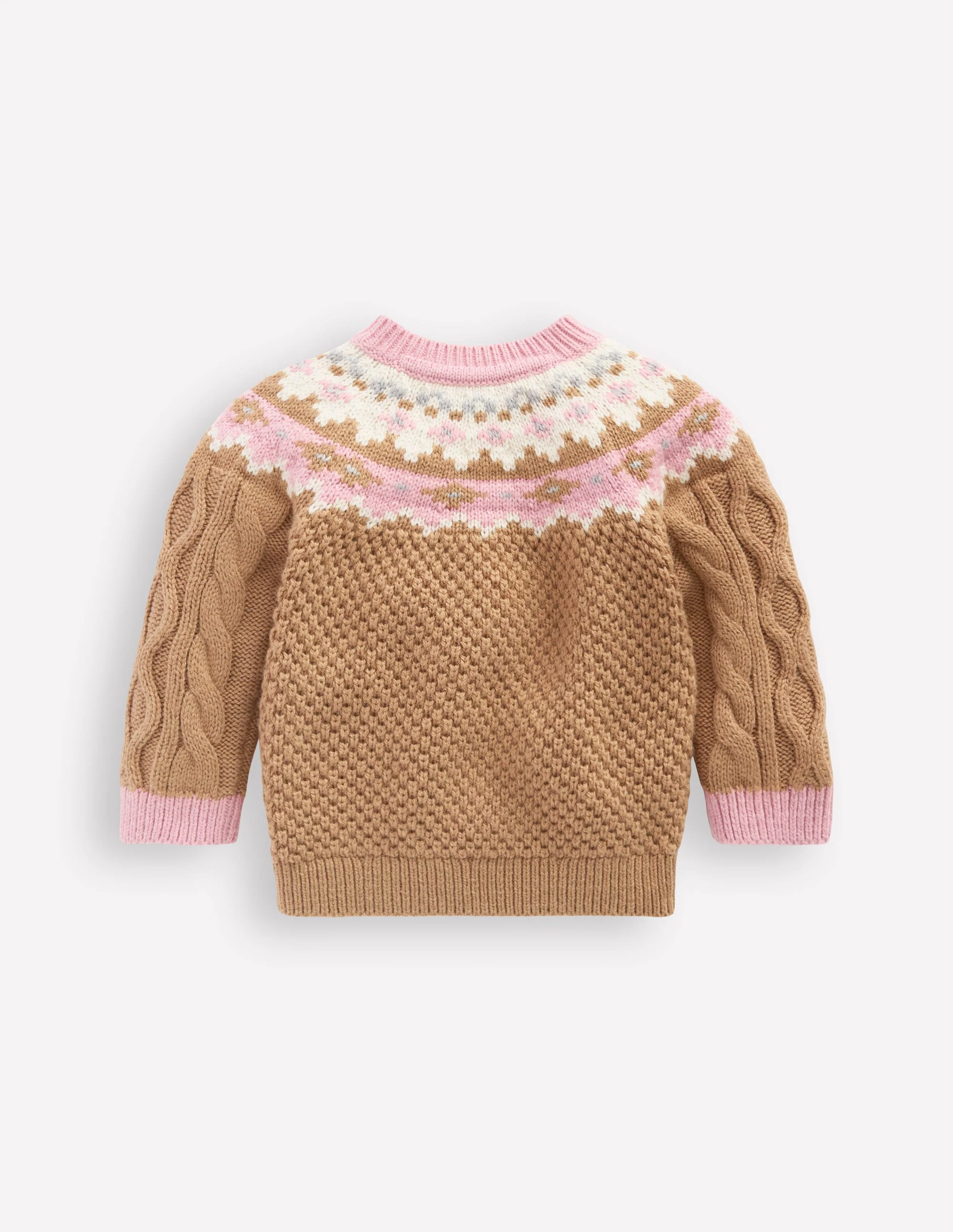Girls Fair Isle Cable Sweater-Camel Melange Fair Isle
